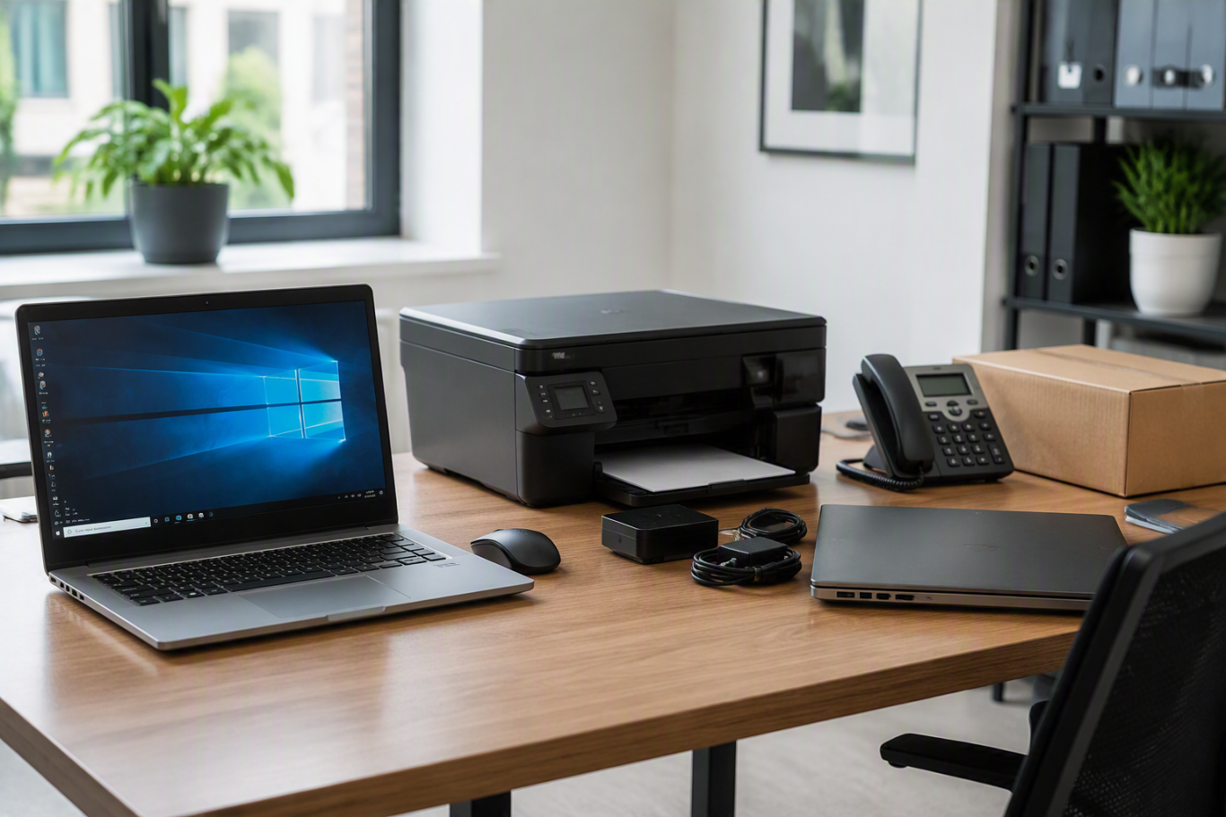 Opened and closed laptop, printer and office equipment arranged on a desk