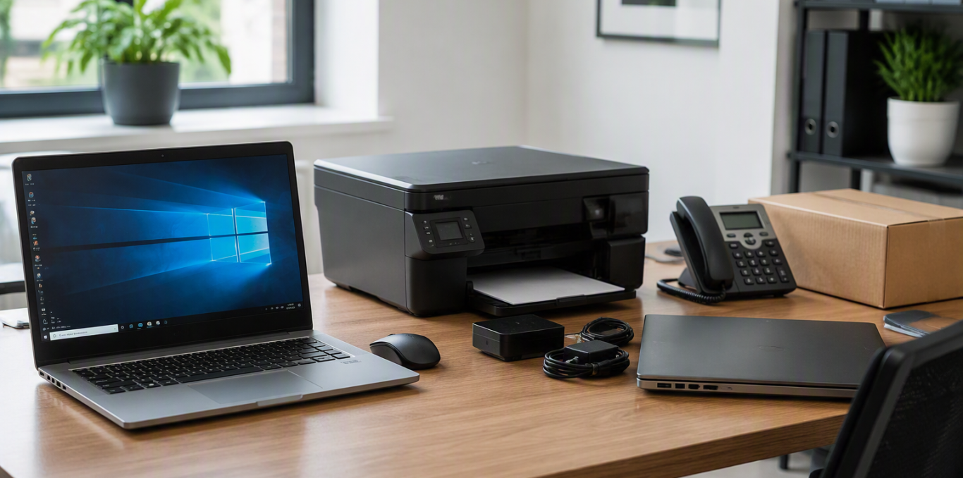 An opened and a closed laptop, printer and office equipment arranged on a desk